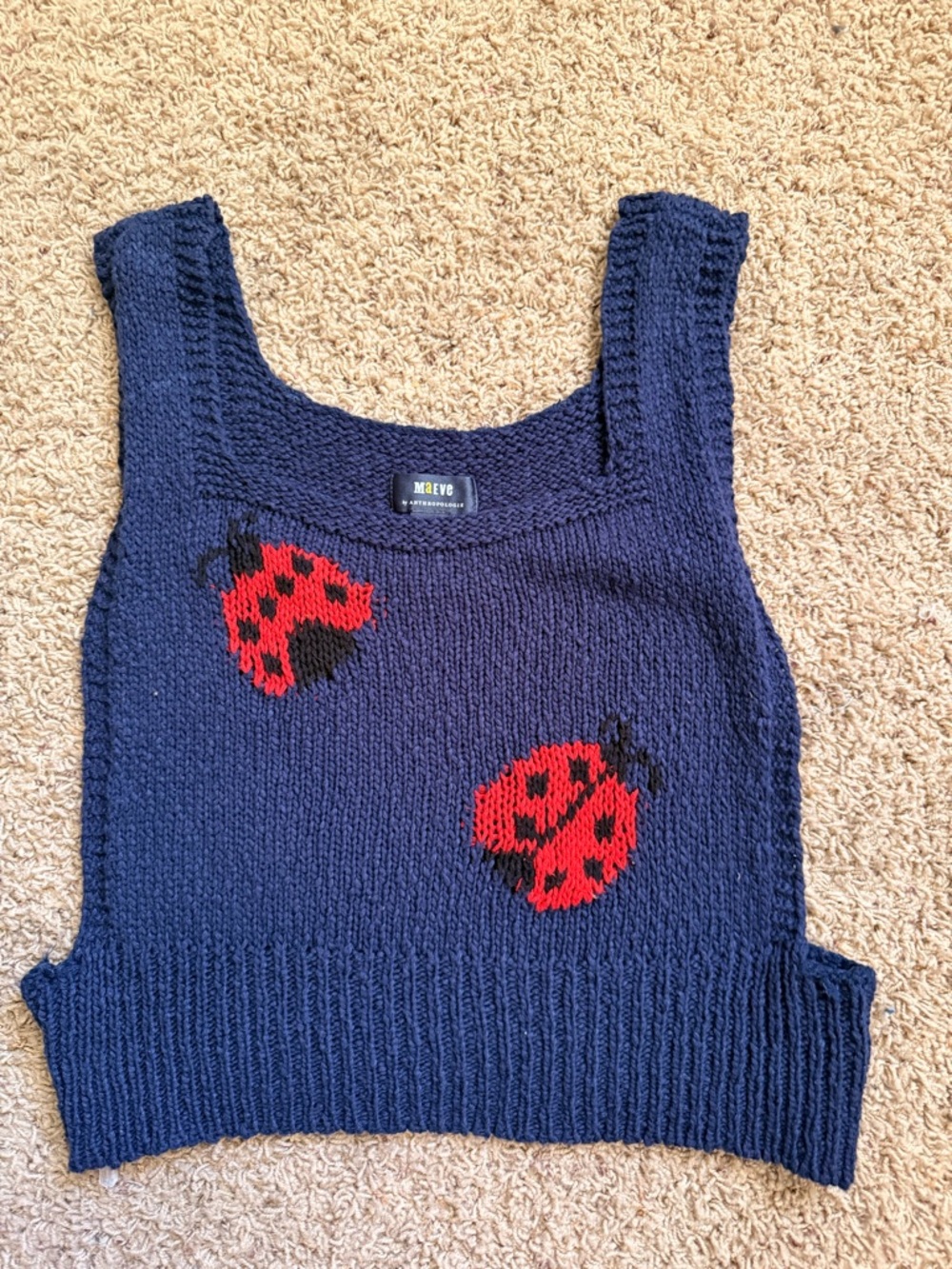 Maeve Navy Knit Tank Top with Red Ladybug Intarsia